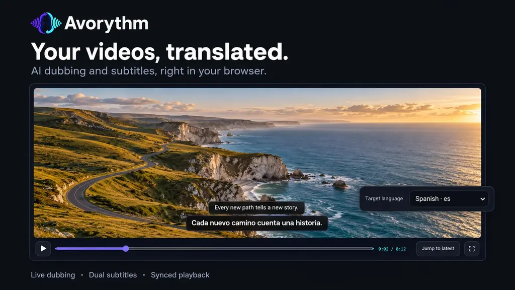 Avorythm showing a video with dual subtitles and a target-language picker