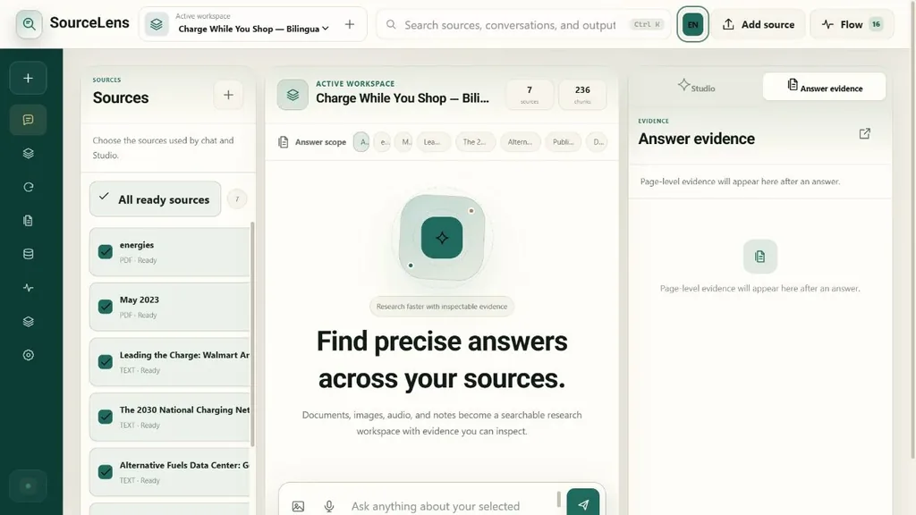 SourceLens workspace: sources on the left, a chat in the middle, answer evidence on the right